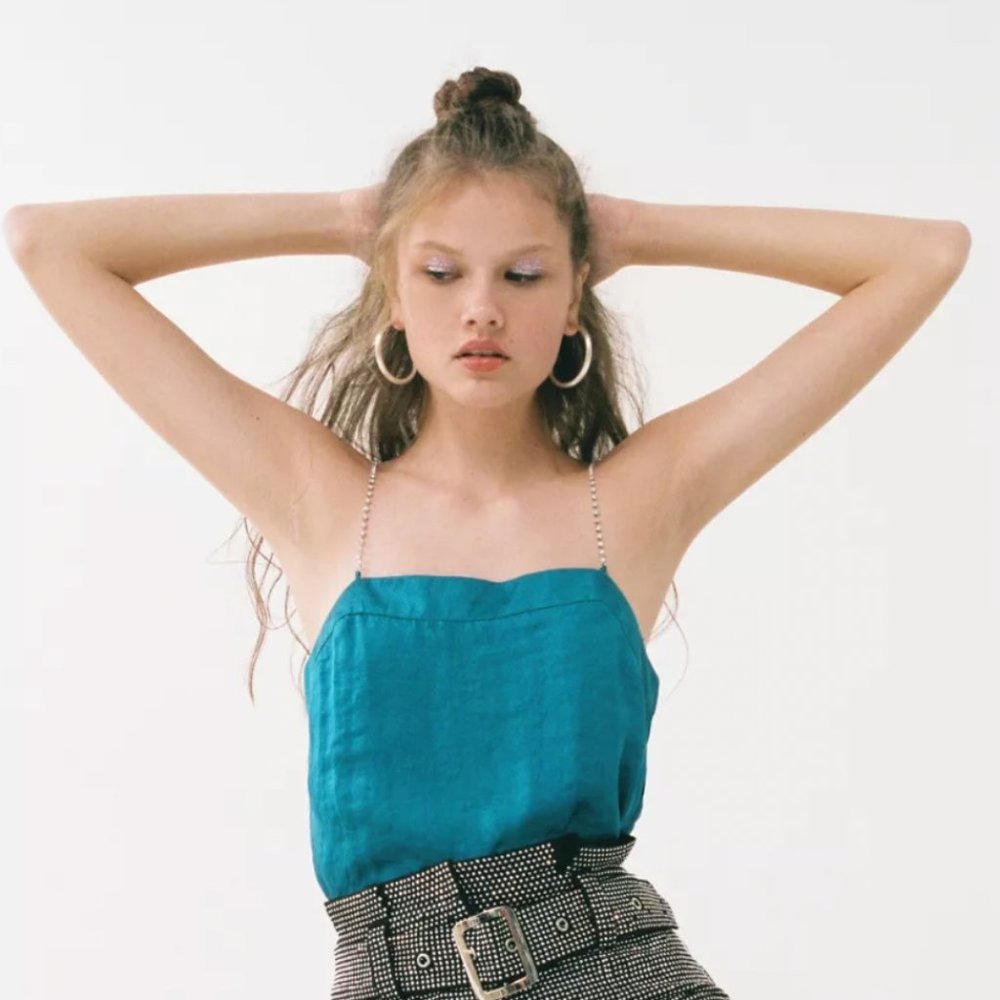 Teal Satin Rhinestone Strap Cami